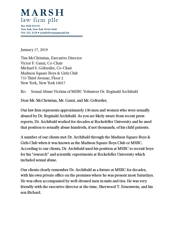 Letter to Madison Square Boys Club (MSBC) - Marsh Law Firm